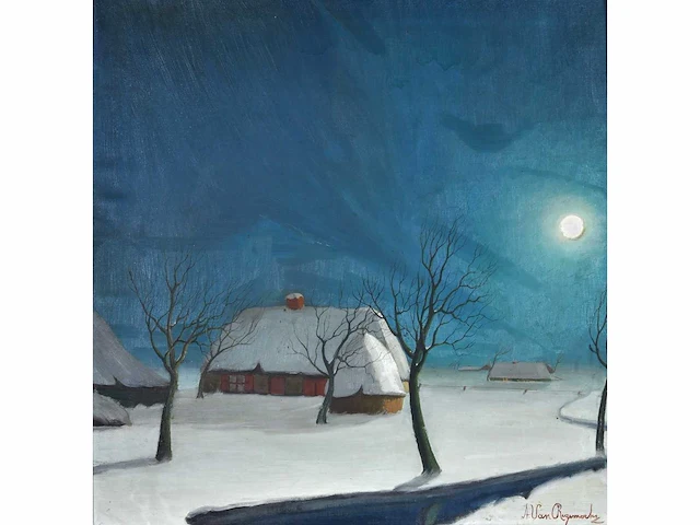 Alois van regemorter - winterlandschap in maanlicht - olie op doek - afbeelding 3 van  10
