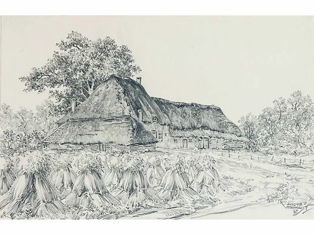 André verhorst - hoeve met korenschoven - potloodtekening - afbeelding 2 van  9