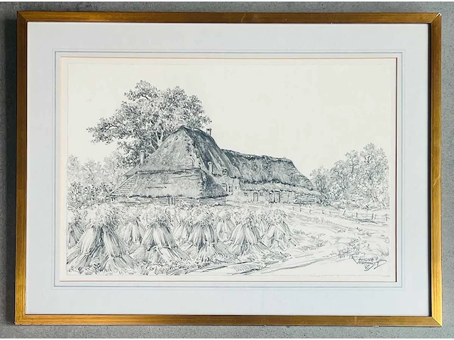 André verhorst - hoeve met korenschoven - potloodtekening - afbeelding 3 van  9