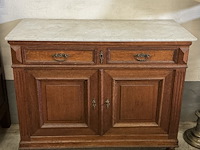 Antiek buffetkastje met marmeren blad, 2 schuiven en legkast - afbeelding 1 van  4