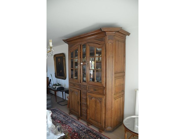 Antiek eiken kast met 2 deuren en 3 laden met opzet vitrine 2 deuren - afbeelding 11 van  12