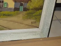 Antieke naaimachine op houten kast, 2 oude houten kisten, 3 schilderijen op doek - afbeelding 9 van  13