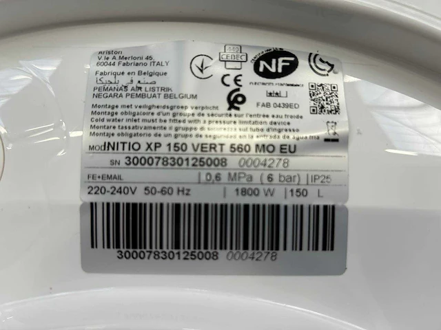 Ariston - initio xp 150 vert - 150l elektrische boiler 1800w - afbeelding 6 van  10