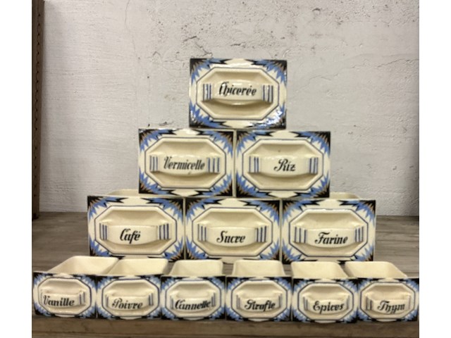 Art deco : 12 porseleine voorraad en kruidenpotten potten, 6x groot en 6x klein - afbeelding 1 van  2