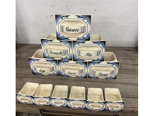 Art deco : 12 porseleine voorraad en kruidenpotten potten, 6x groot en 6x klein - afbeelding 2 van  2