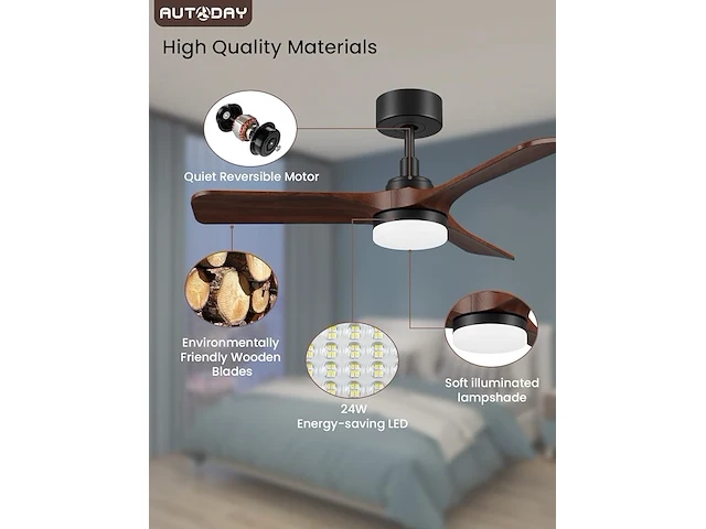 Autoday houten plafondventilator met licht - afbeelding 2 van  7