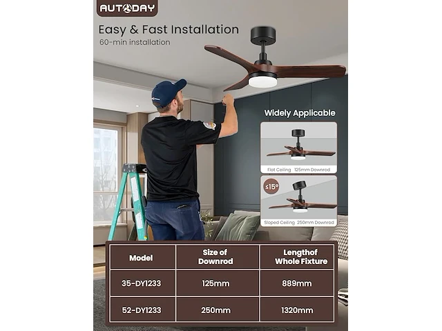 Autoday houten plafondventilator met licht - afbeelding 7 van  7
