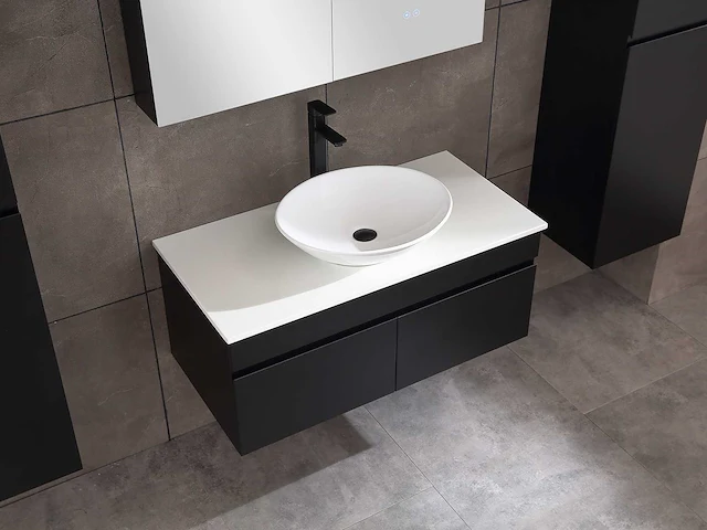Badkamermeubel 100cm met spiegelkast en (hangkast) mat zwart - afbeelding 10 van  15