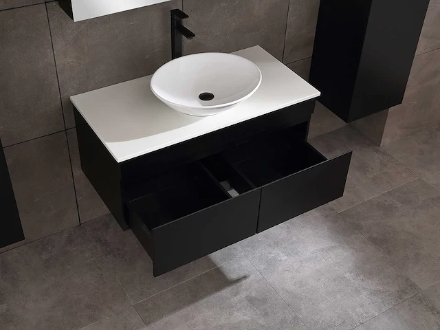 Badkamermeubel 100cm met spiegelkast en (hangkast) mat zwart - afbeelding 11 van  15