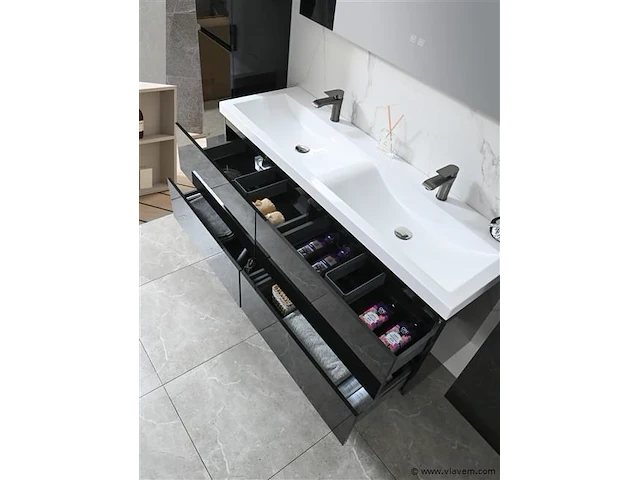Badkamermeubel 145 cm - hoogglans zwart - afbeelding 4 van  8