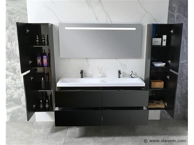 Badkamermeubel 145 cm - hoogglans zwart - afbeelding 6 van  8