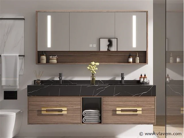 Badkamermeubel 2-persoons - 120 cm - hout decor met zwarte marmeren wasbak - incl. kranen - afbeelding 1 van  4
