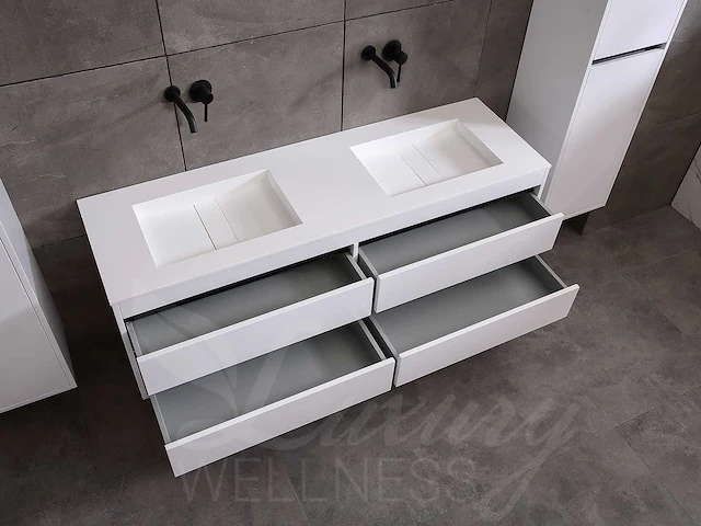 Badkamermeubel 2-persoons 120cm (2 kleuren mogelijk) met (hangkast) en natuursteen of solid surface wastafel(s) - afbeelding 4 van  40