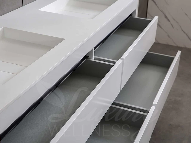Badkamermeubel 2-persoons 120cm (2 kleuren mogelijk) met (hangkast) en natuursteen of solid surface wastafel(s) - afbeelding 6 van  40