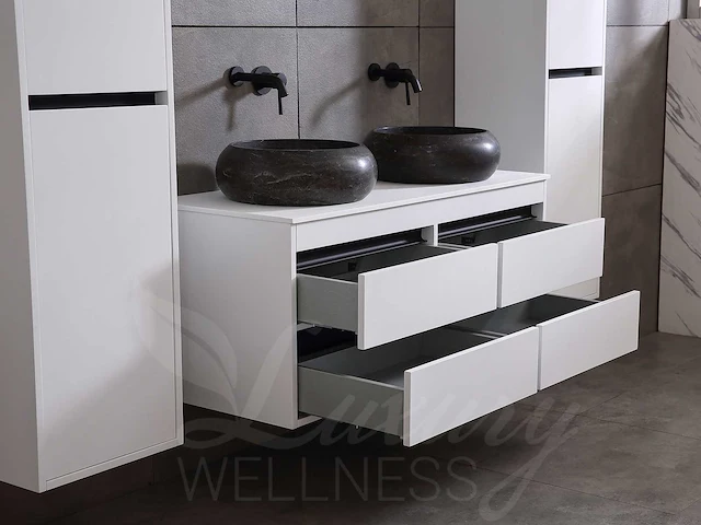 Badkamermeubel 2-persoons 120cm (2 kleuren mogelijk) met (hangkast) en natuursteen of solid surface wastafel(s) - afbeelding 7 van  40
