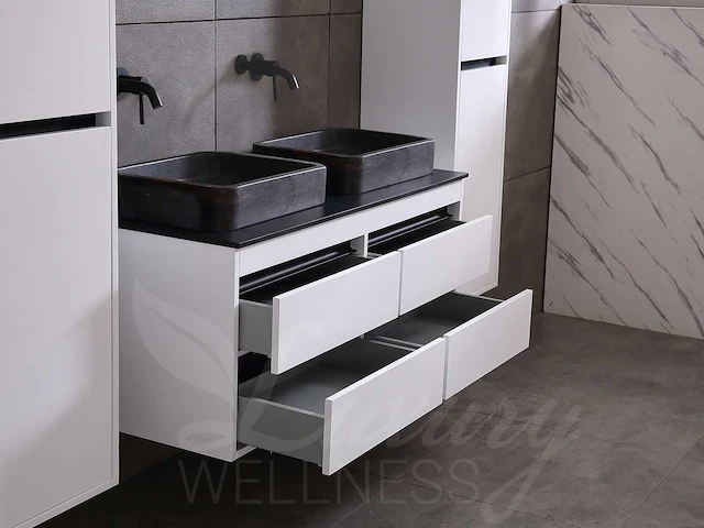 Badkamermeubel 2-persoons 120cm (2 kleuren mogelijk) met (hangkast) en natuursteen of solid surface wastafel(s) - afbeelding 8 van  40