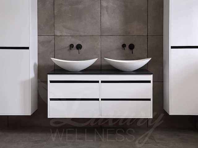 Badkamermeubel 2-persoons 120cm (2 kleuren mogelijk) met (hangkast) en natuursteen of solid surface wastafel(s) - afbeelding 9 van  40