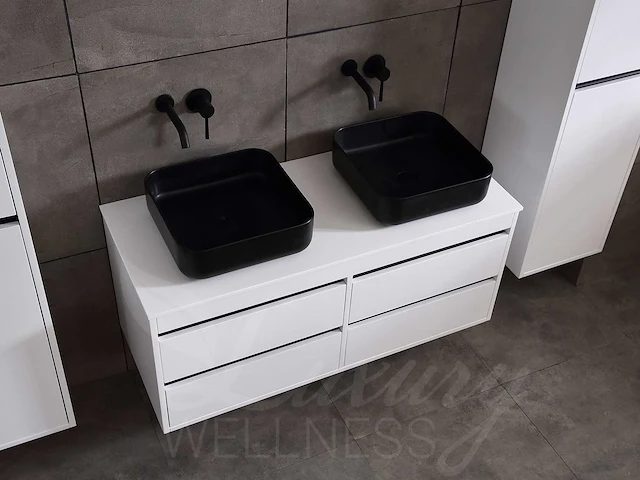 Badkamermeubel 2-persoons 120cm (2 kleuren mogelijk) met (hangkast) en natuursteen of solid surface wastafel(s) - afbeelding 10 van  40