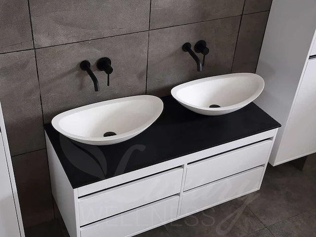 Badkamermeubel 2-persoons 120cm (2 kleuren mogelijk) met (hangkast) en natuursteen of solid surface wastafel(s) - afbeelding 11 van  40