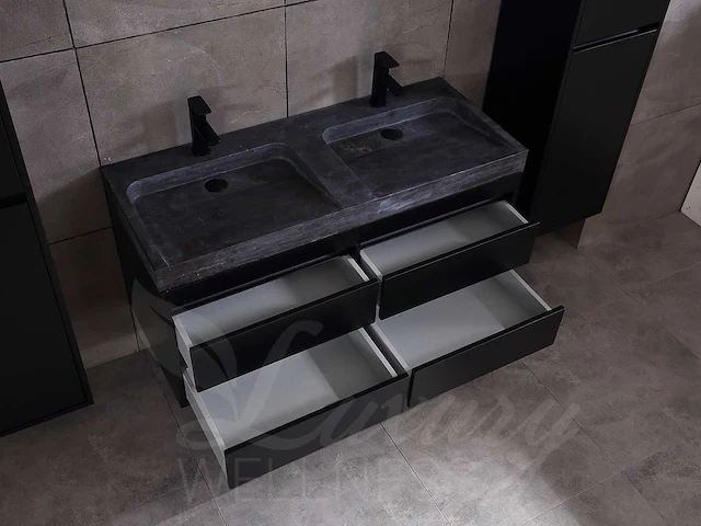 Badkamermeubel 2-persoons 120cm (2 kleuren mogelijk) met (hangkast) en natuursteen of solid surface wastafel(s) - afbeelding 16 van  40