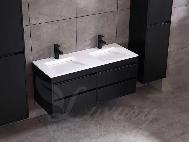 Badkamermeubel 2-persoons 120cm (2 kleuren mogelijk) met (hangkast) en natuursteen of solid surface wastafel(s) - afbeelding 20 van  40