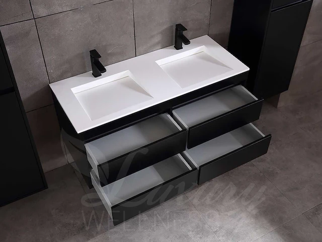 Badkamermeubel 2-persoons 120cm (2 kleuren mogelijk) met (hangkast) en natuursteen of solid surface wastafel(s) - afbeelding 22 van  40