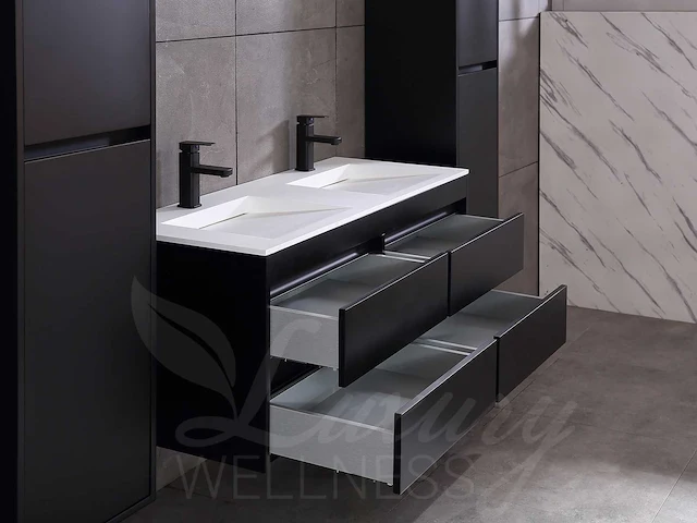 Badkamermeubel 2-persoons 120cm (2 kleuren mogelijk) met (hangkast) en natuursteen of solid surface wastafel(s) - afbeelding 24 van  40