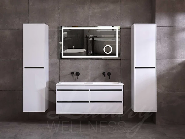 Badkamermeubel 2-persoons 120cm (2 kleuren mogelijk) met (hangkast) en natuursteen of solid surface wastafel(s) - afbeelding 37 van  40
