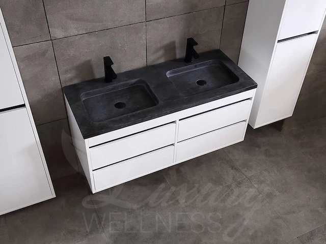 Badkamermeubel 2-persoons 120cm (2 kleuren mogelijk) met (hangkast) en natuursteen of solid surface wastafel(s) - afbeelding 39 van  40
