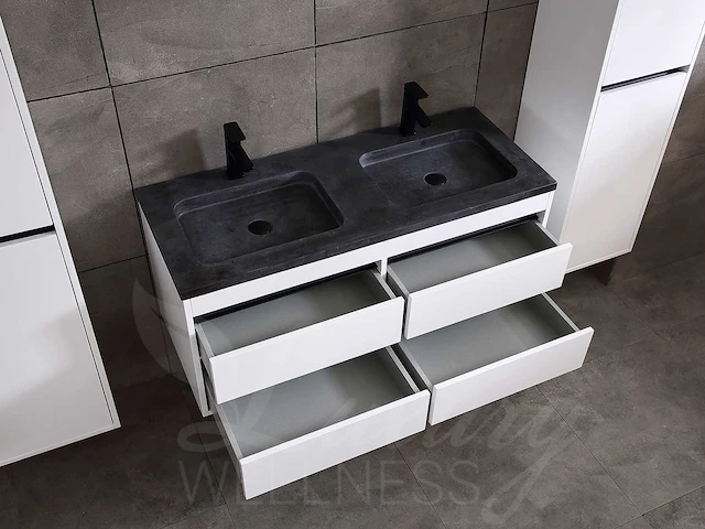 Badkamermeubel 2-persoons 120cm (2 kleuren mogelijk) met (hangkast) en natuursteen of solid surface wastafel(s) - afbeelding 40 van  40
