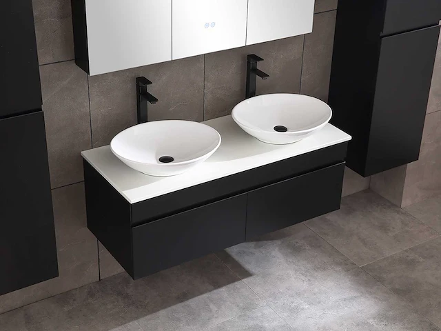 Badkamermeubel 2-persoons 120cm met spiegelkast en (hangkast) mat zwart - afbeelding 8 van  13