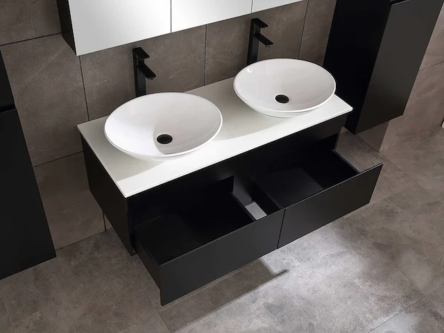 Badkamermeubel 2-persoons 120cm met spiegelkast en (hangkast) mat zwart - afbeelding 9 van  13
