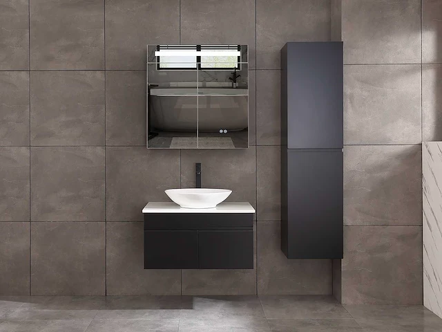 Badkamermeubel 80cm met spiegelkast en (hangkast) mat zwart - afbeelding 1 van  13