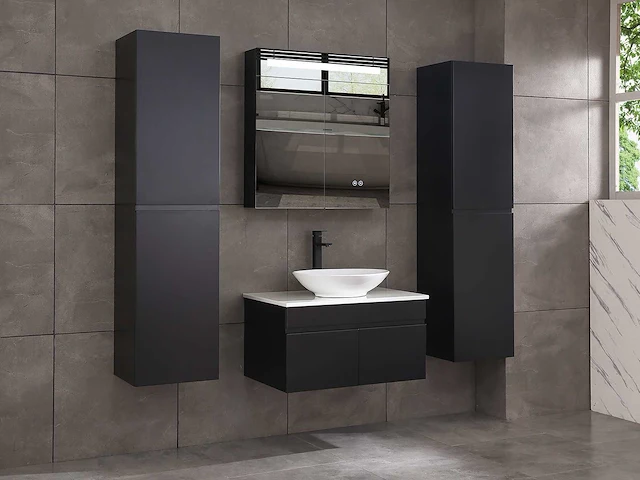 Badkamermeubel 80cm met spiegelkast en (hangkast) mat zwart - afbeelding 6 van  13