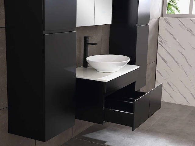 Badkamermeubel 80cm met spiegelkast en (hangkast) mat zwart - afbeelding 10 van  13