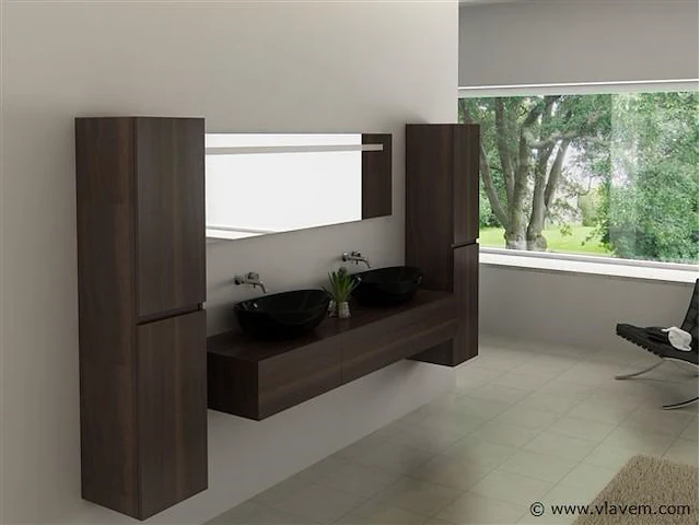Badkamermeubel baveno | 180 cm | met zijkasten | donker hout decor met 2 zwarte waskommen | incl. kranen - afbeelding 1 van  9