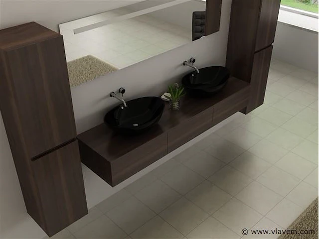 Badkamermeubel baveno | 180 cm | met zijkasten | donker hout decor met 2 zwarte waskommen | incl. kranen - afbeelding 2 van  9