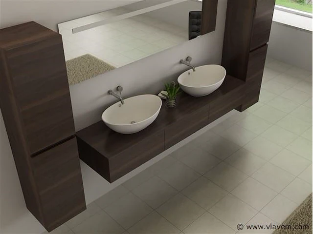 Badkamermeubel baveno | 180 cm | met zijkasten | donker hout decor met 2 zwarte waskommen | incl. kranen - afbeelding 7 van  9