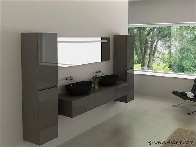 Badkamermeubel baveno | 180 cm | met zijkasten | hoogglans antraciet met 2 zwarte waskommen | incl. kranen - afbeelding 1 van  3