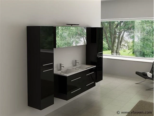 Badkamermeubel torino | 120 cm | met zijkasten | hoogglans zwart met witte wasbak | incl. kranen - afbeelding 1 van  8