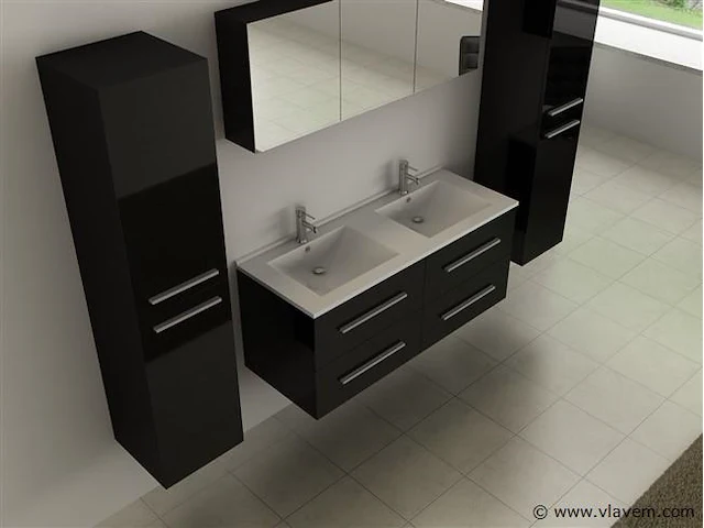 Badkamermeubel torino | 120 cm | met zijkasten | hoogglans zwart met witte wasbak | incl. kranen - afbeelding 2 van  8