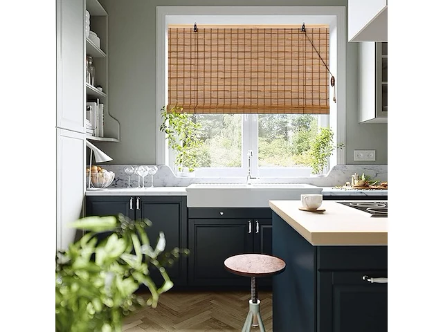 Bamboe rolgordijn halfdoorschijnend 90x180cl donkerbruin - afbeelding 2 van  4