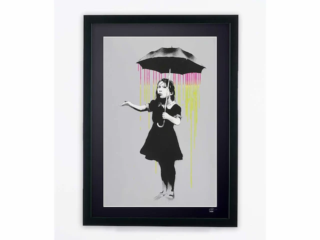 Banksy (after) - "umbrella girl - (pink and yellow rain) - 70x50 cm - limited edition 30 stuks - certificaat - afbeelding 1 van  7