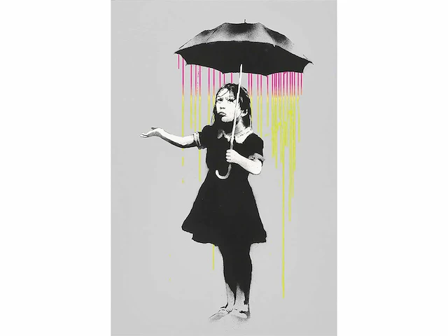 Banksy (after) - "umbrella girl - (pink and yellow rain) - 70x50 cm - limited edition 30 stuks - certificaat - afbeelding 2 van  7