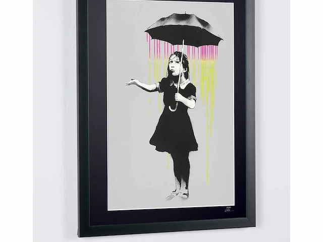 Banksy (after) - "umbrella girl - (pink and yellow rain) - 70x50 cm - limited edition 30 stuks - certificaat - afbeelding 3 van  7