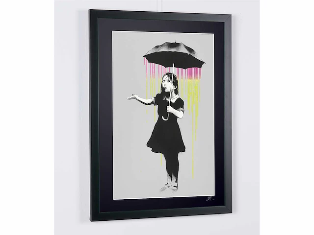 Banksy (after) - "umbrella girl - (pink and yellow rain) - 70x50 cm - limited edition 30 stuks - certificaat - afbeelding 4 van  7