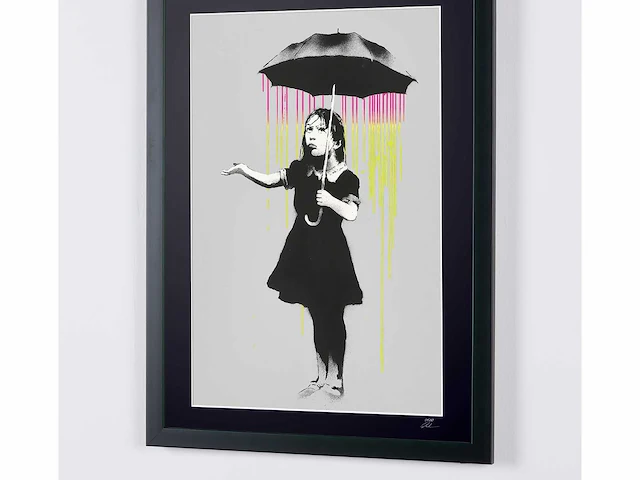 Banksy (after) - "umbrella girl - (pink and yellow rain) - 70x50 cm - limited edition 30 stuks - certificaat - afbeelding 5 van  7