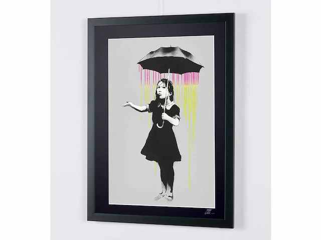 Banksy (after) - "umbrella girl - (pink and yellow rain) - 70x50 cm - limited edition 30 stuks - certificaat - afbeelding 6 van  7