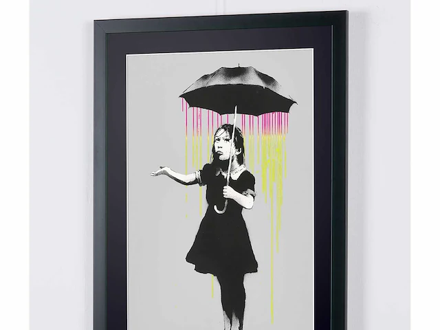 Banksy (after) - "umbrella girl - (pink and yellow rain) - 70x50 cm - limited edition 30 stuks - certificaat - afbeelding 7 van  7