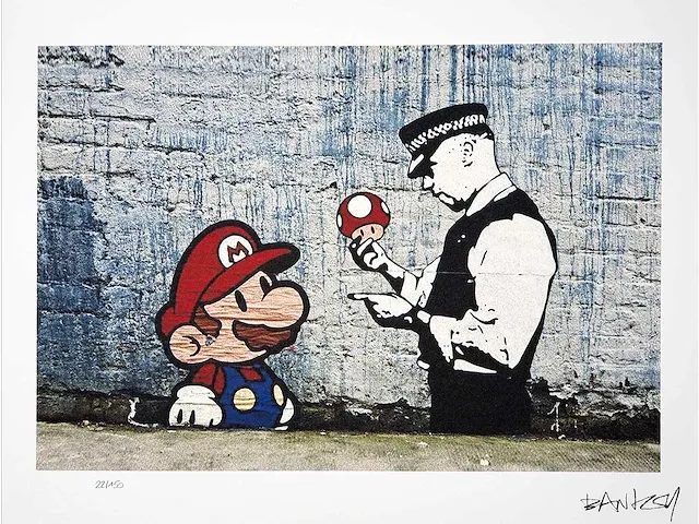 Banksy (geboren in 1974), gebaseerd op - super mario mushroom cop - afbeelding 1 van  3